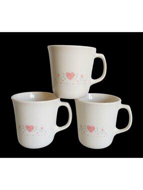 Corelle Forever Yours 3 Tea Coffee Mugs  - Pink Hearts Flowers